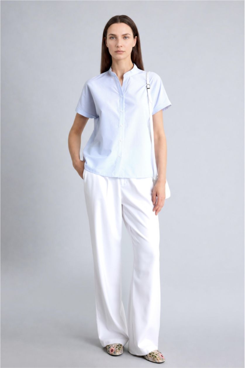 Women Light Blue Regular Fit Crew Neck Light Blue Shirt