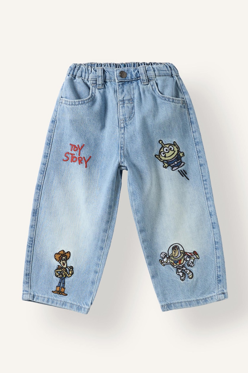 Erkek Bebek Açık Mavi %100 Pamuk Toy Story İşlemeli Jean Pantolon Erkek Bebek