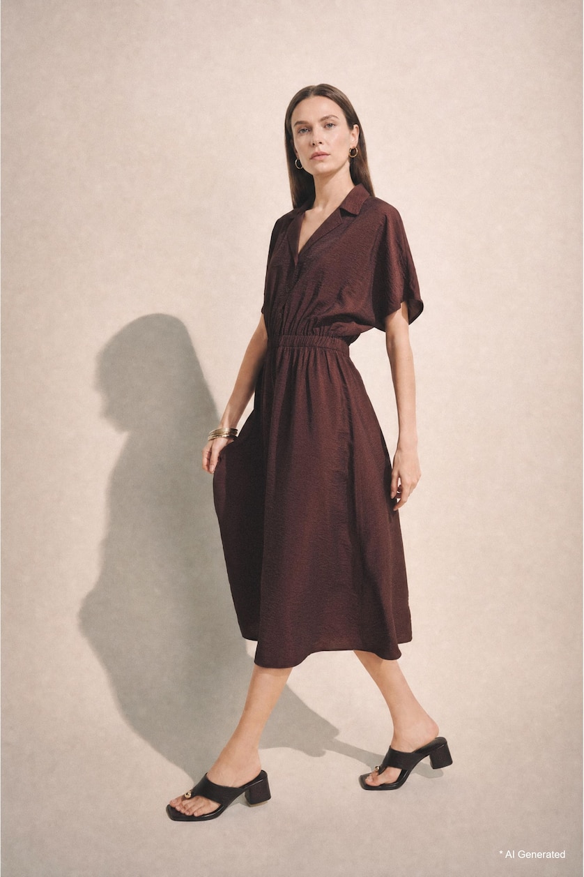 Women Brown A Cut Jacket Collar Dress