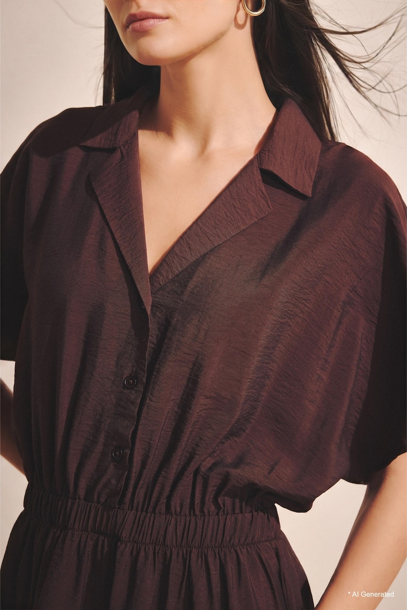 Women Brown A Cut Jacket Collar Dress