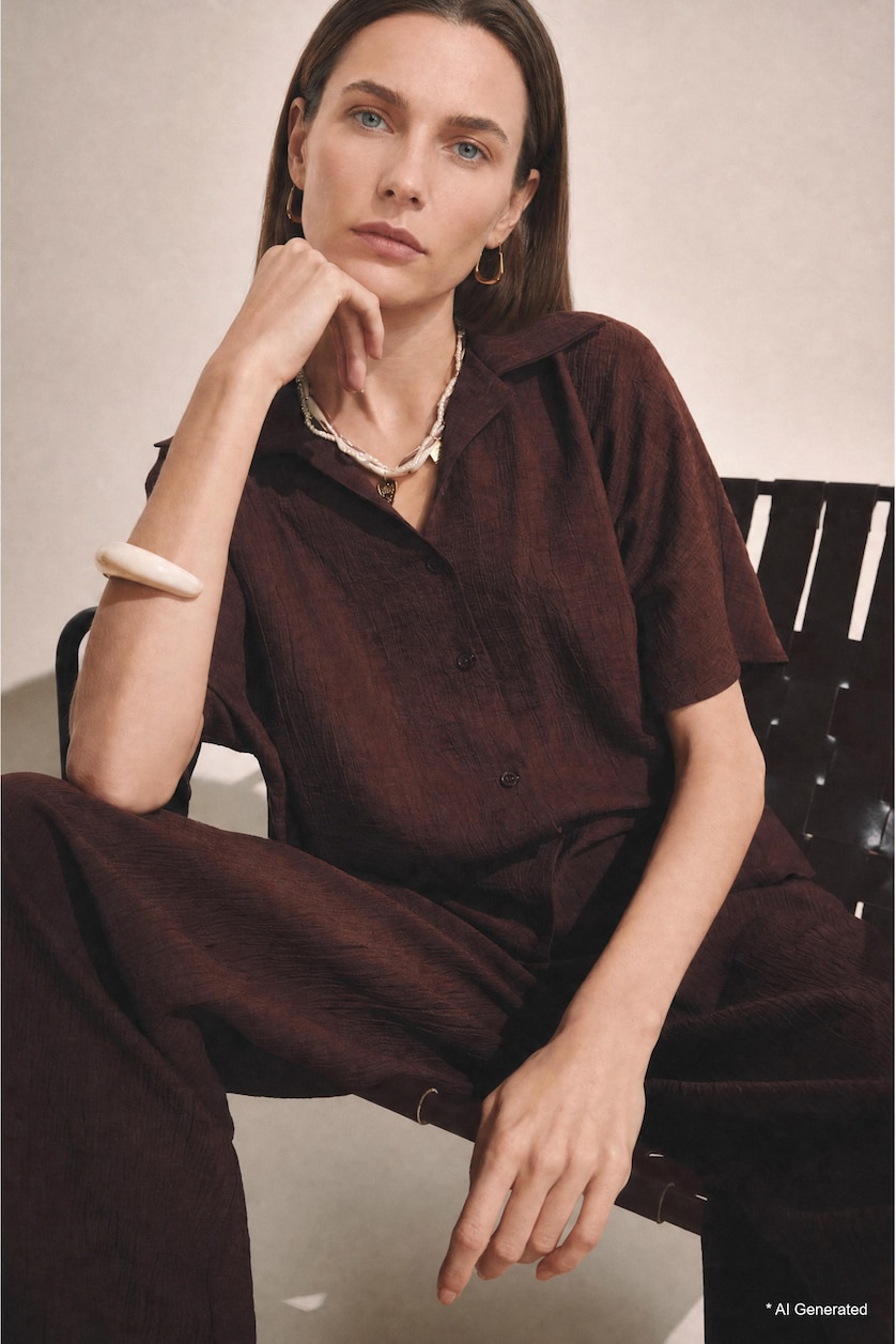 WOMAN Brown Shirt Collar Crinkle Fabric Short Sleeve Shirt