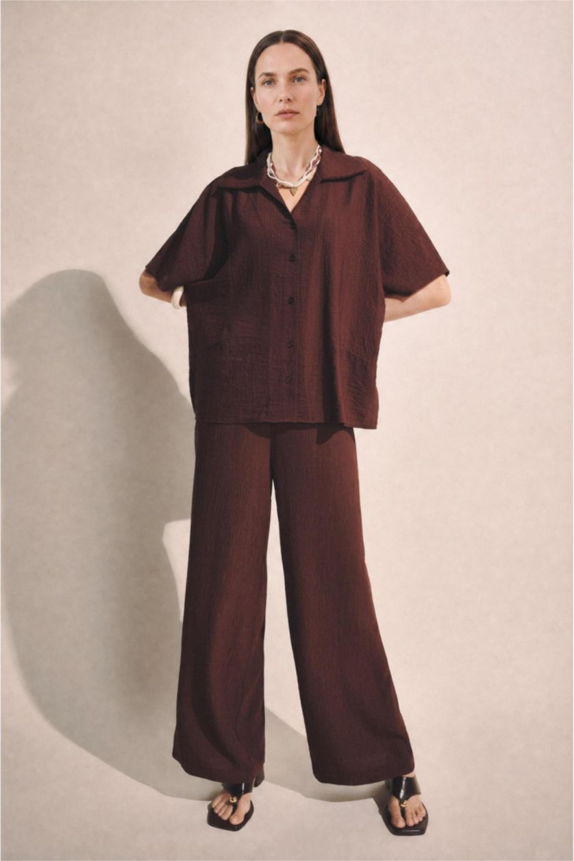 Women Brown Crinkle Fabric Short Sleeve Shirt
