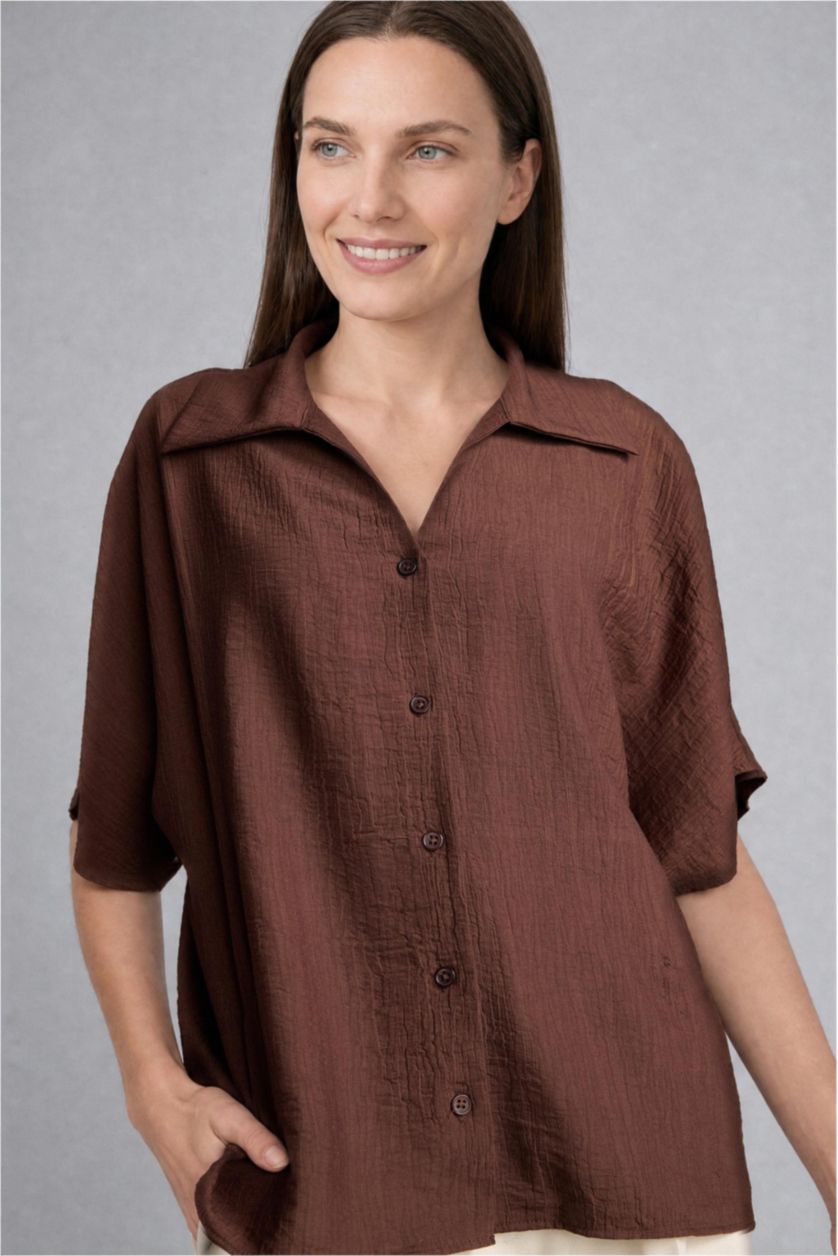 Women Brown Crinkle Fabric Short Sleeve Shirt