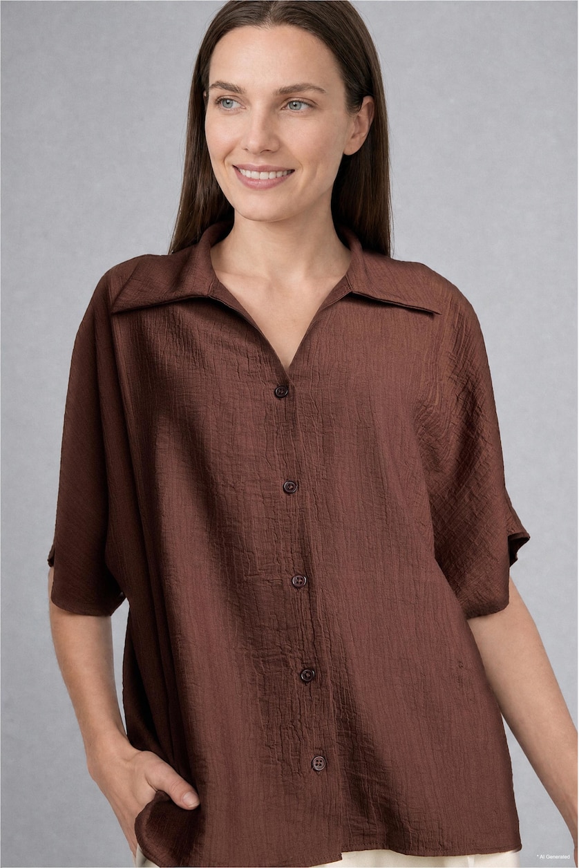 WOMAN Brown Shirt Collar Crinkle Fabric Short Sleeve Shirt
