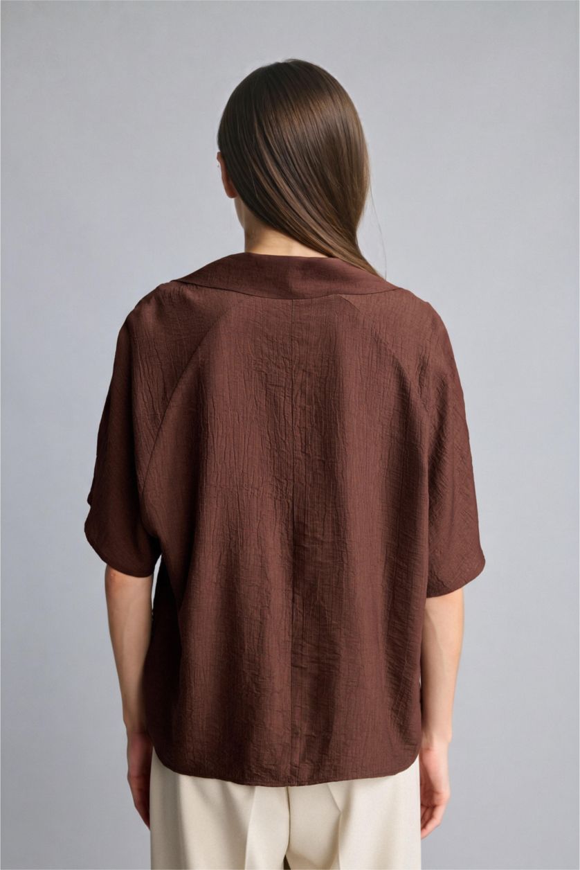 Women Brown Crinkle Fabric Short Sleeve Shirt