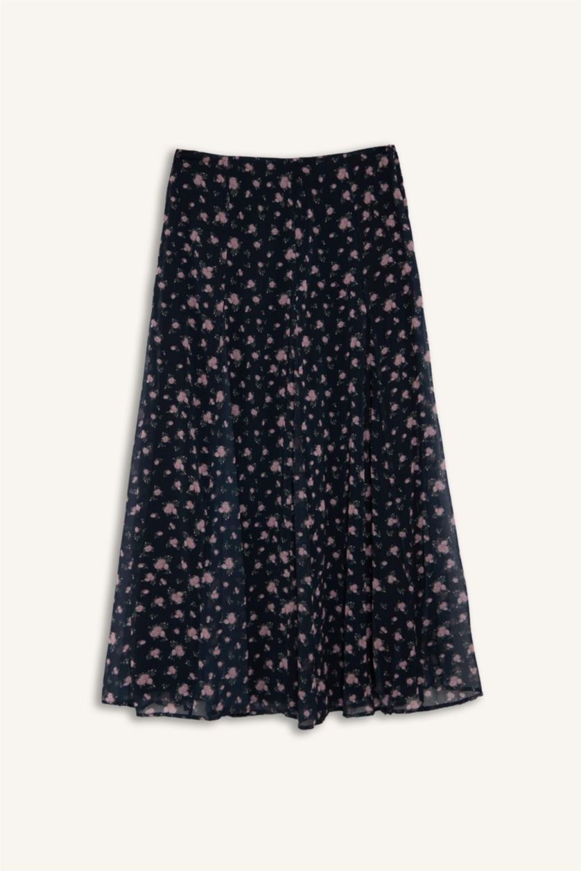 WOMAN NAVY A-Line Printed Chiffon Midi Skirt