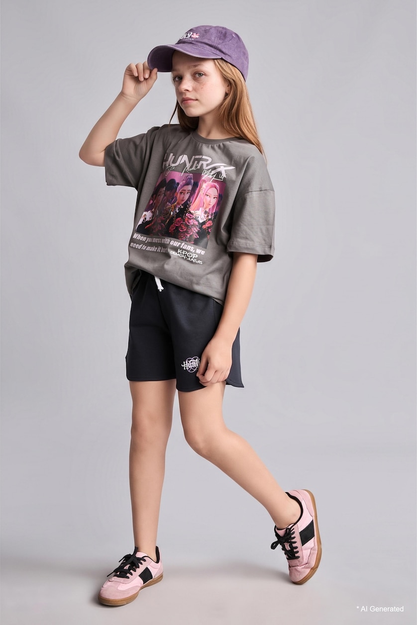 FILLES Anthracite Short anthracite K-Pop à taille élastique pour fille