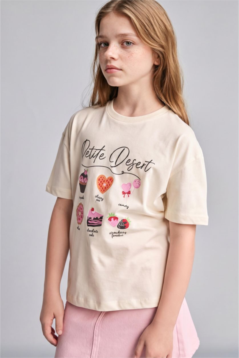FILLES Écru T-shirt à col rond et manches courtes pour fille