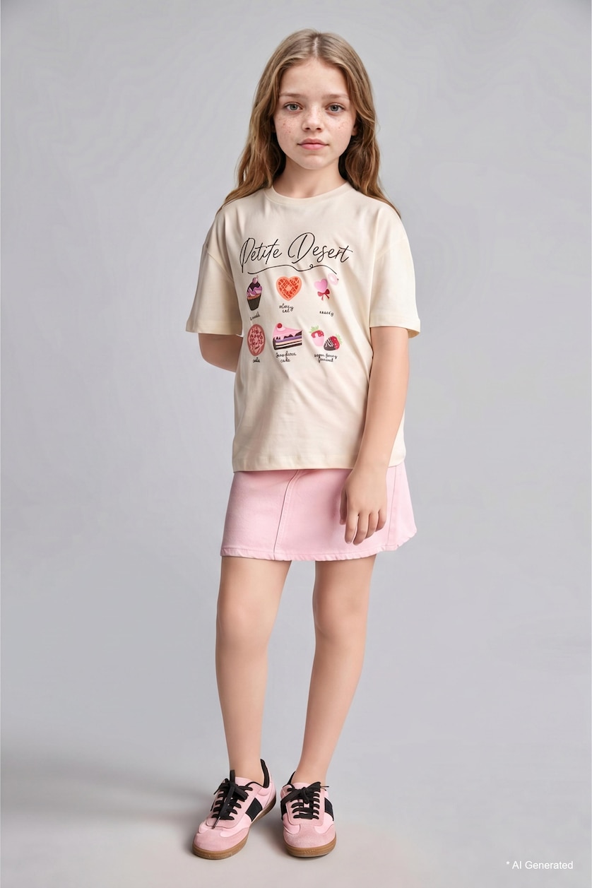 Young Girls - Teen Girls Ecru Girl Crew Neck Short Sleeve T-Shirt