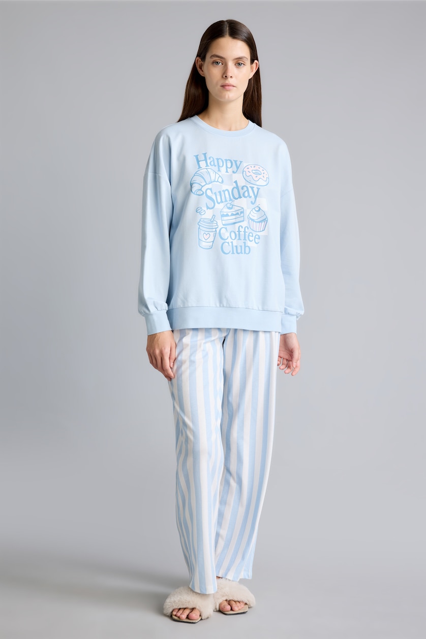 Kadın Açık Mavi Regular Fit Baskılı Pijama Takımı