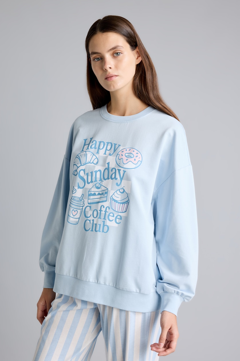 Kadın Açık Mavi Regular Fit Baskılı Pijama Takımı