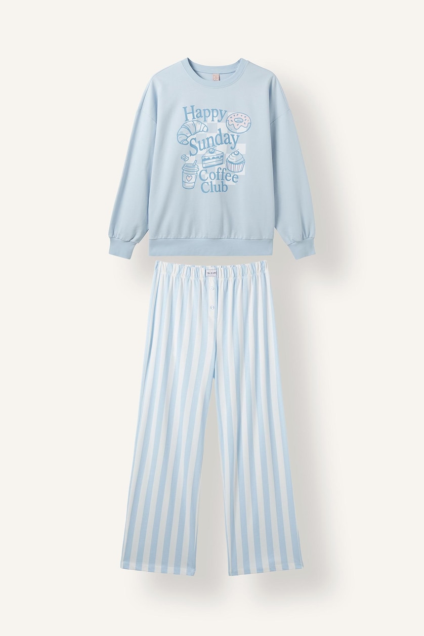 Kadın Açık Mavi Regular Fit Baskılı Pijama Takımı