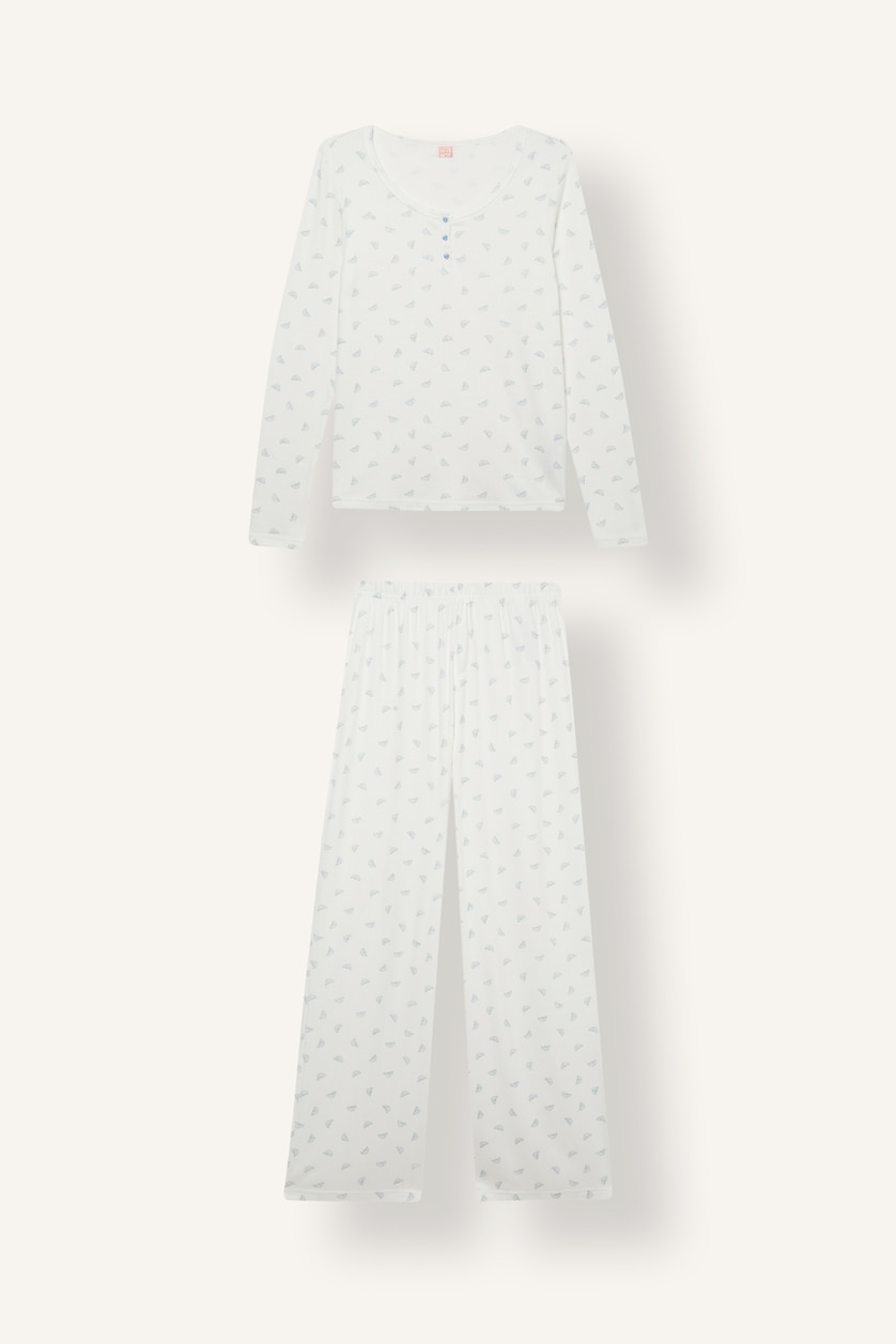 FEMME Écru Ensemble pyjama fleuri à manches longues avec boutons Coupe régulière