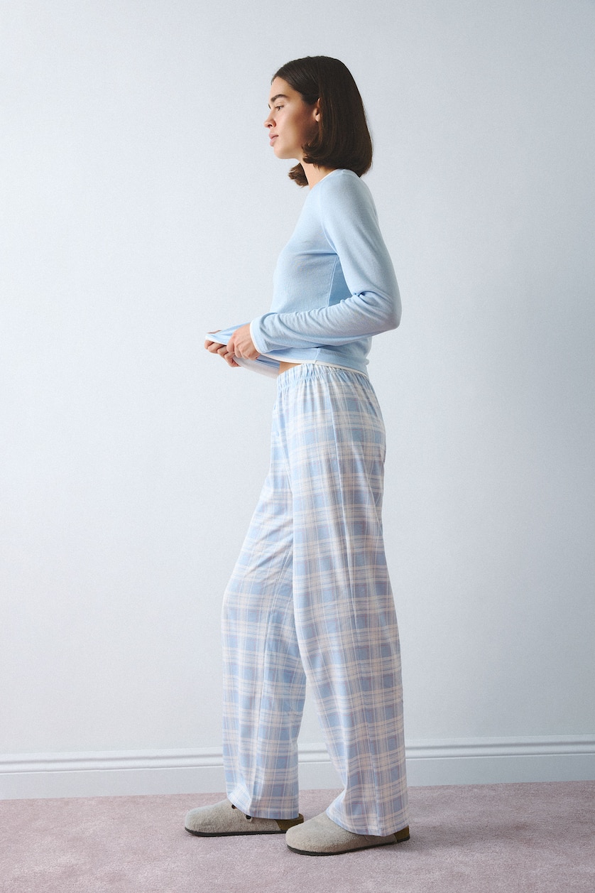 WOMAN Light Blue Slim Fit 100% Cotton Long Sleeve Top and Checked Pyjama Trousers Set