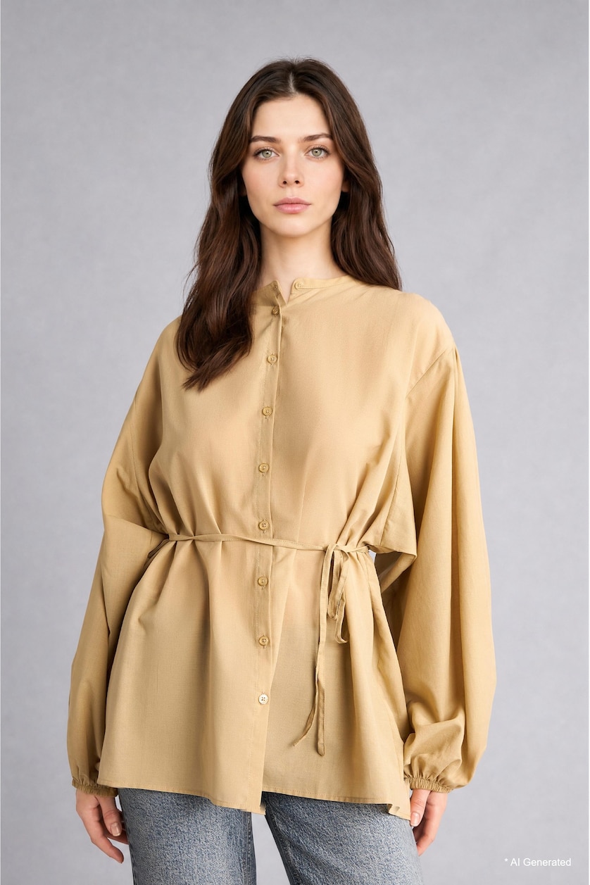 Women Olive Relaxed Fit 100% Cotton Waffle Fabric Balloon Sleeve Tunic