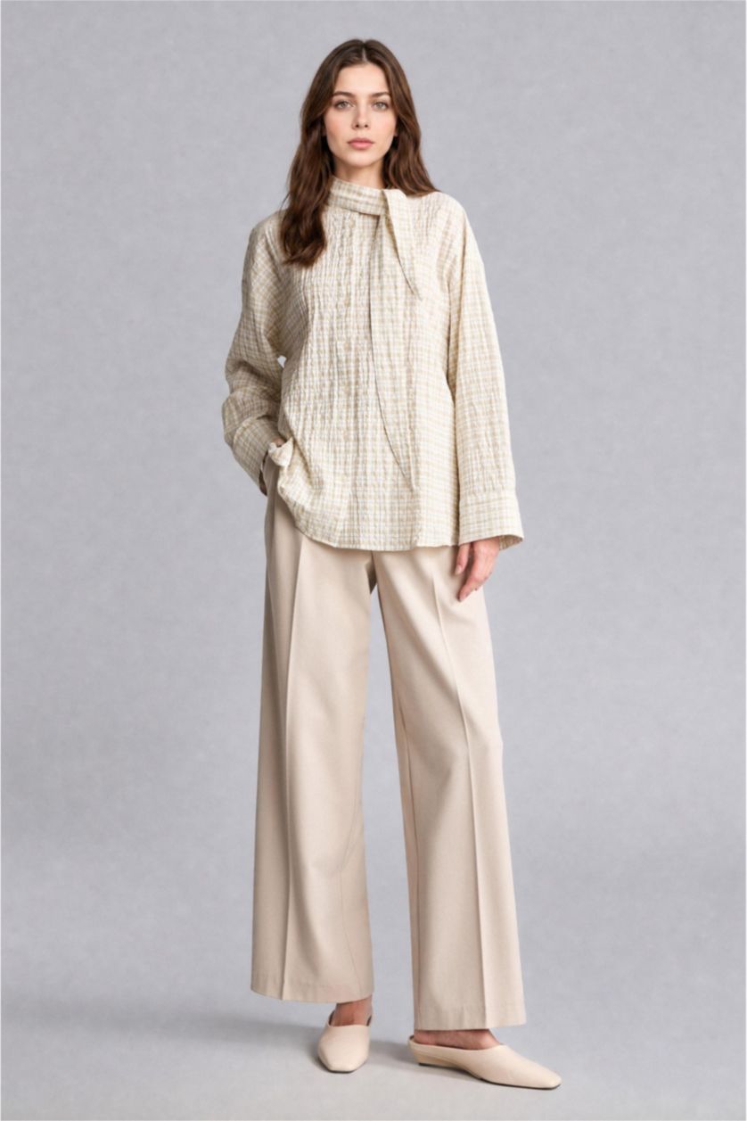 Women Ecru Regular Fit Crinkle Fabric Long Sleeve Tunic