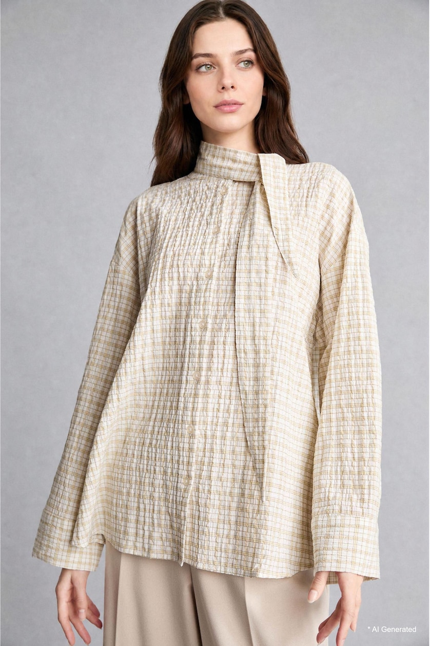 Woman Ecru Regular Fit Checked Crinkled Fabric Long Sleeve Tunic