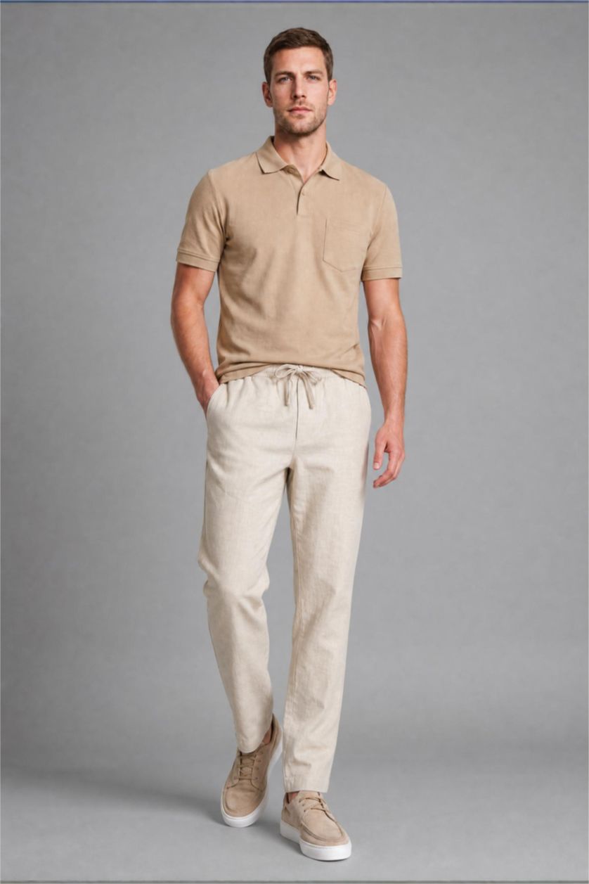 MAN Stone Linen Blend Elastic Waist Regular Fit Beige Trousers