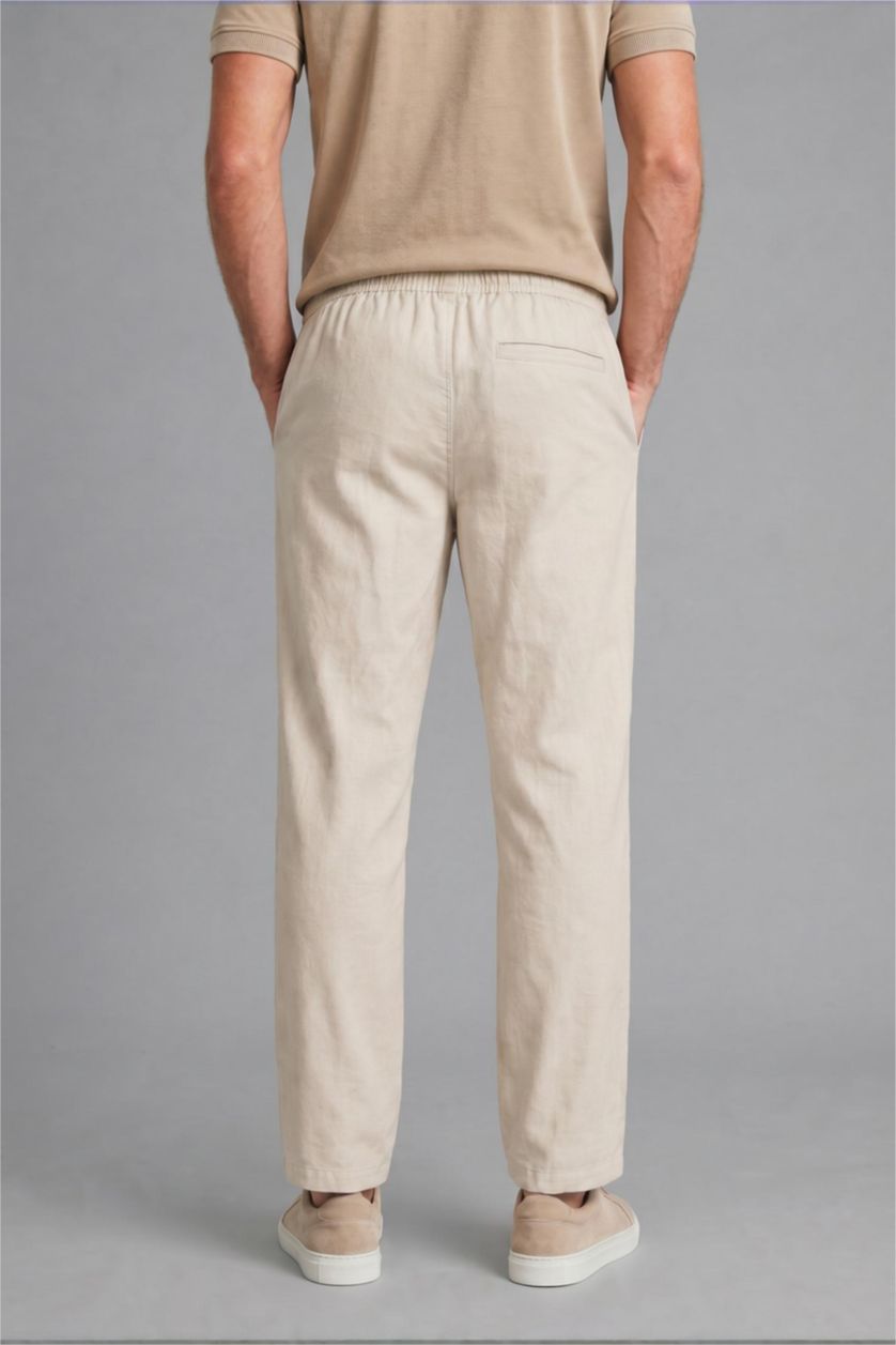 MAN Stone Linen Blend Elastic Waist Regular Fit Beige Trousers
