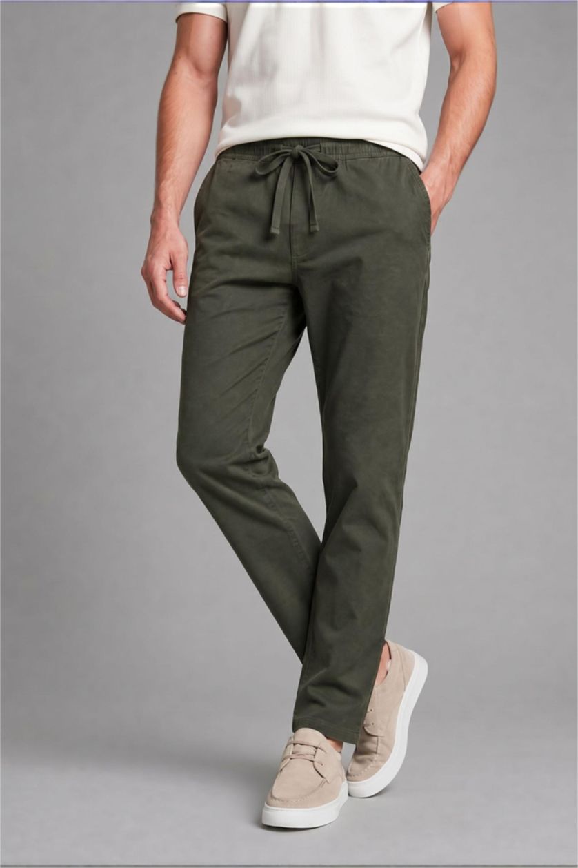 MAN Dark Green Linen Blend Elastic Waist Regular Fit Green Trousers