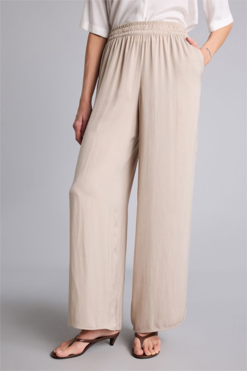 Kadın Kahve Wıde Leg Saten Pantolon