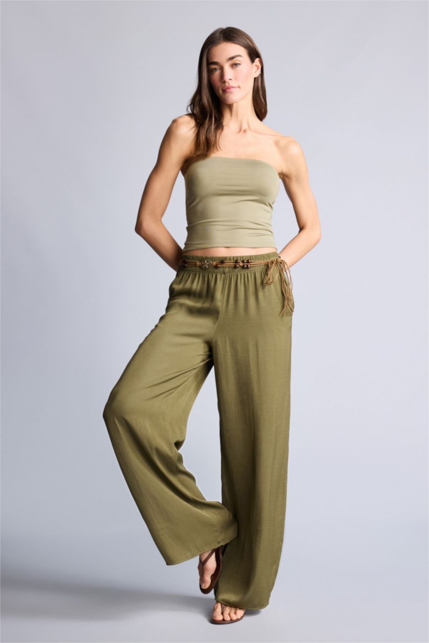 Women Khaki Normal Waist Wide Leg Trousers