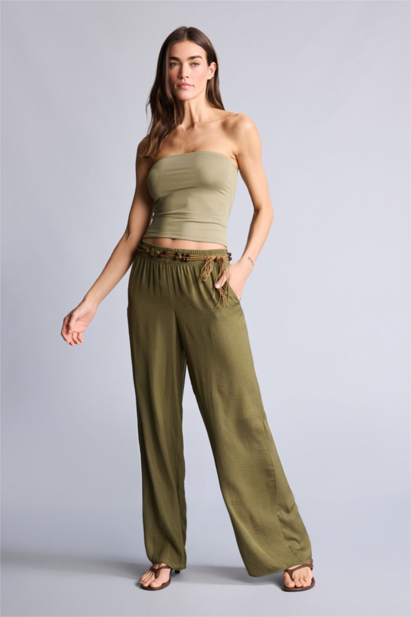 Women Khaki Normal Waist Wide Leg Trousers