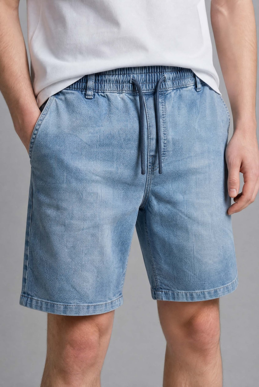 MAN Light Blue Relaxed Fit Elastic Waist Denim Bermuda Shorts