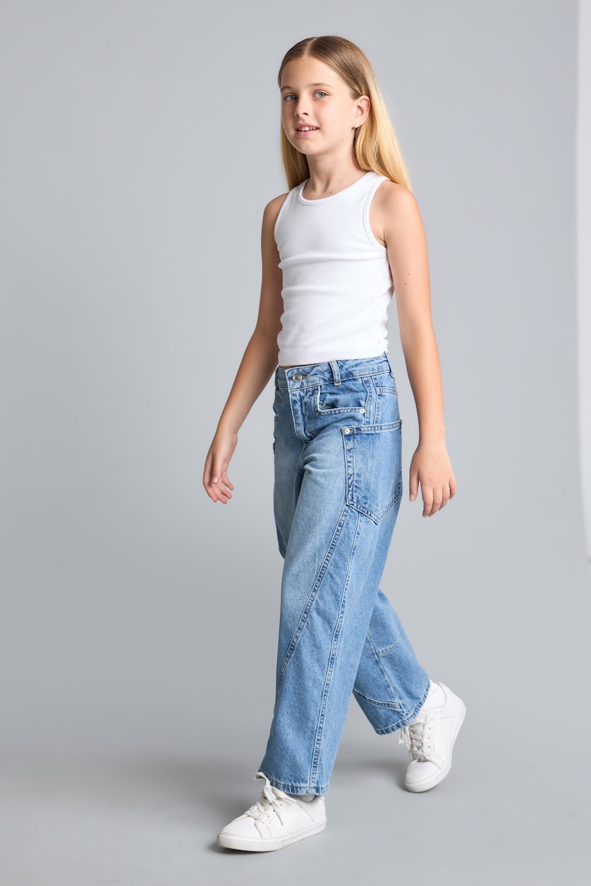 Kız Çocuk - Genç Kız Mavi %100 Pamuk Wide Leg Jean Pantolon Kız Çocuk