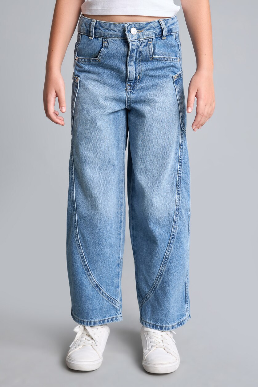 Kız Çocuk - Genç Kız Mavi %100 Pamuk Wide Leg Jean Pantolon Kız Çocuk