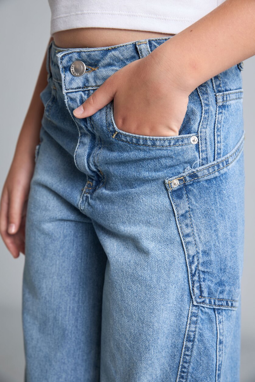 Kız Çocuk - Genç Kız Mavi %100 Pamuk Wide Leg Jean Pantolon Kız Çocuk