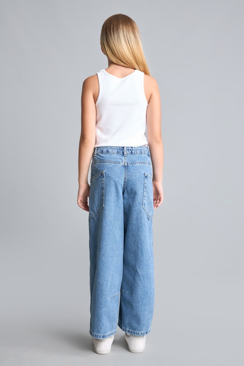 Kız Çocuk - Genç Kız Mavi %100 Pamuk Wide Leg Jean Pantolon Kız Çocuk