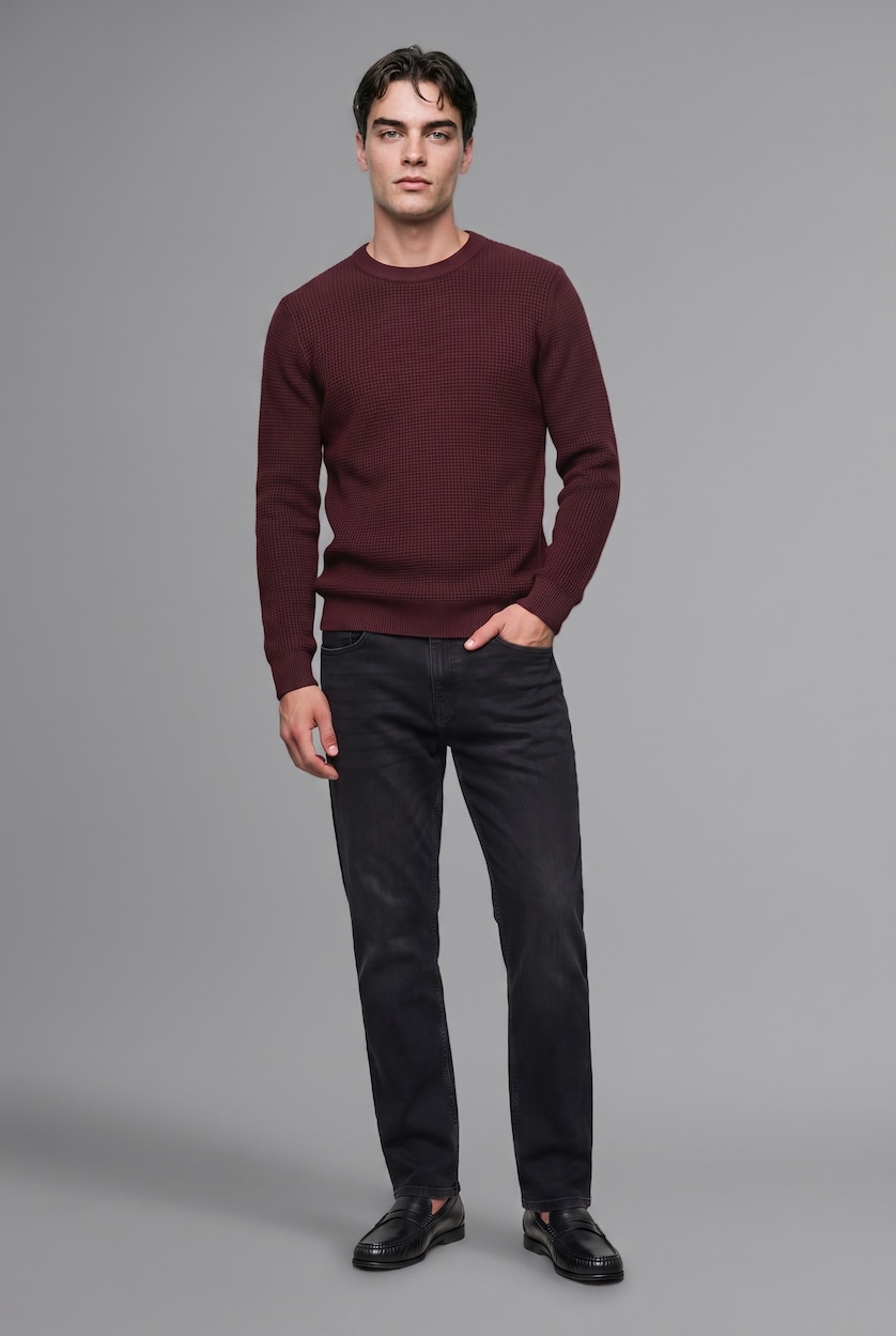 Erkek Bordo Standart Fit Basic Kazak