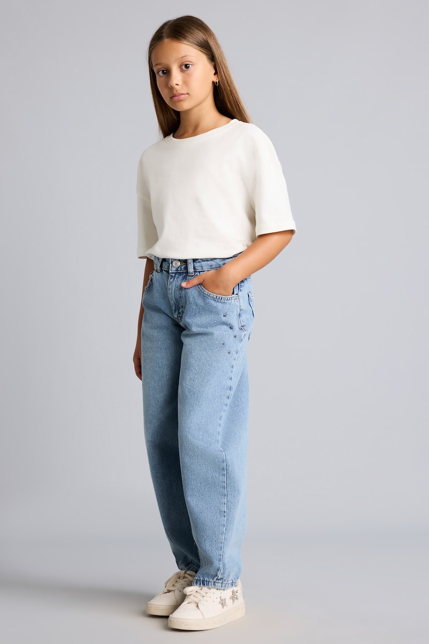 Kız Çocuk - Genç Kız Mavi Pens Detaylı Baggy Fit Jean Pantolon