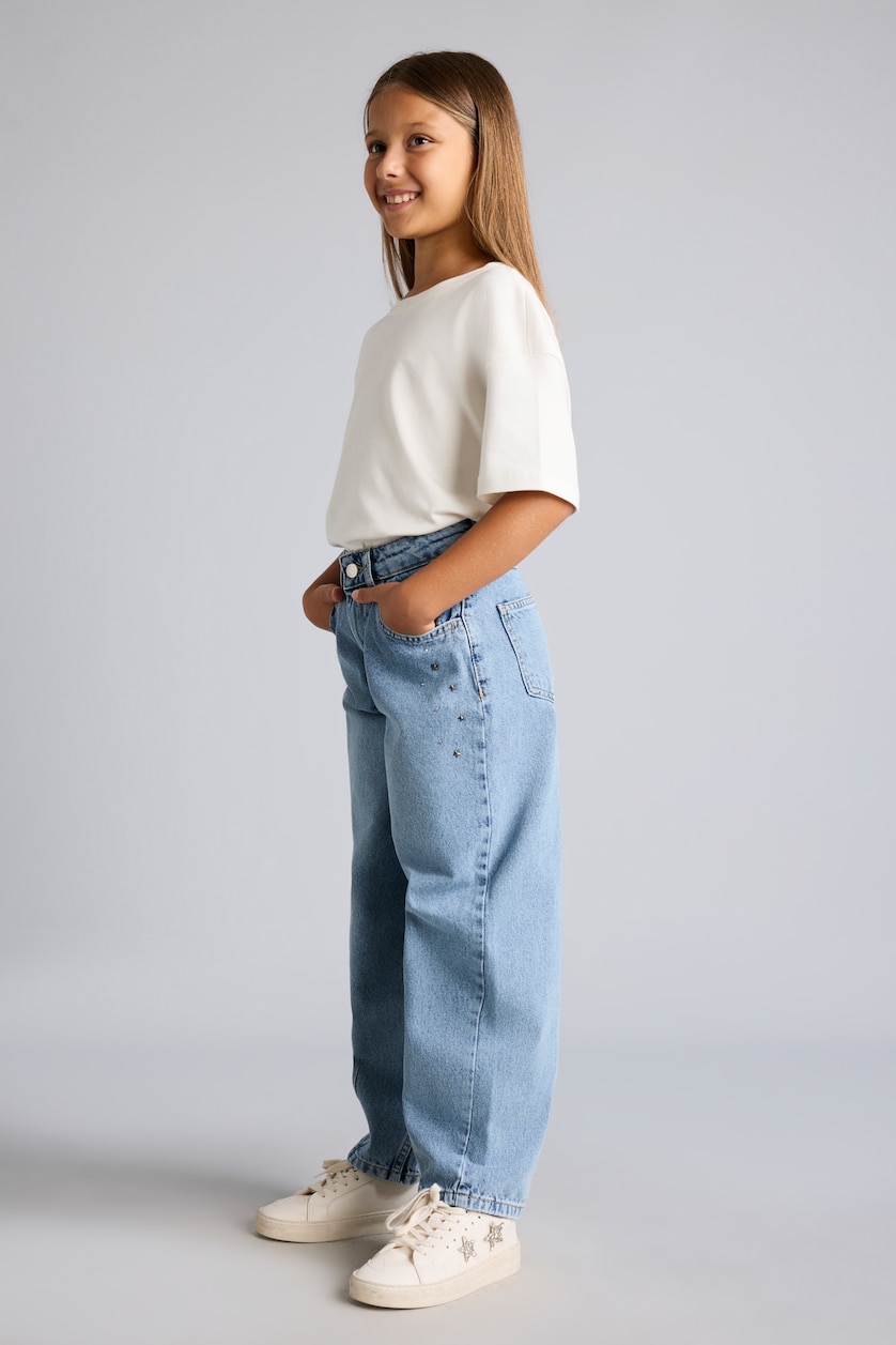 Kız Çocuk - Genç Kız Mavi Pens Detaylı Baggy Fit Jean Pantolon