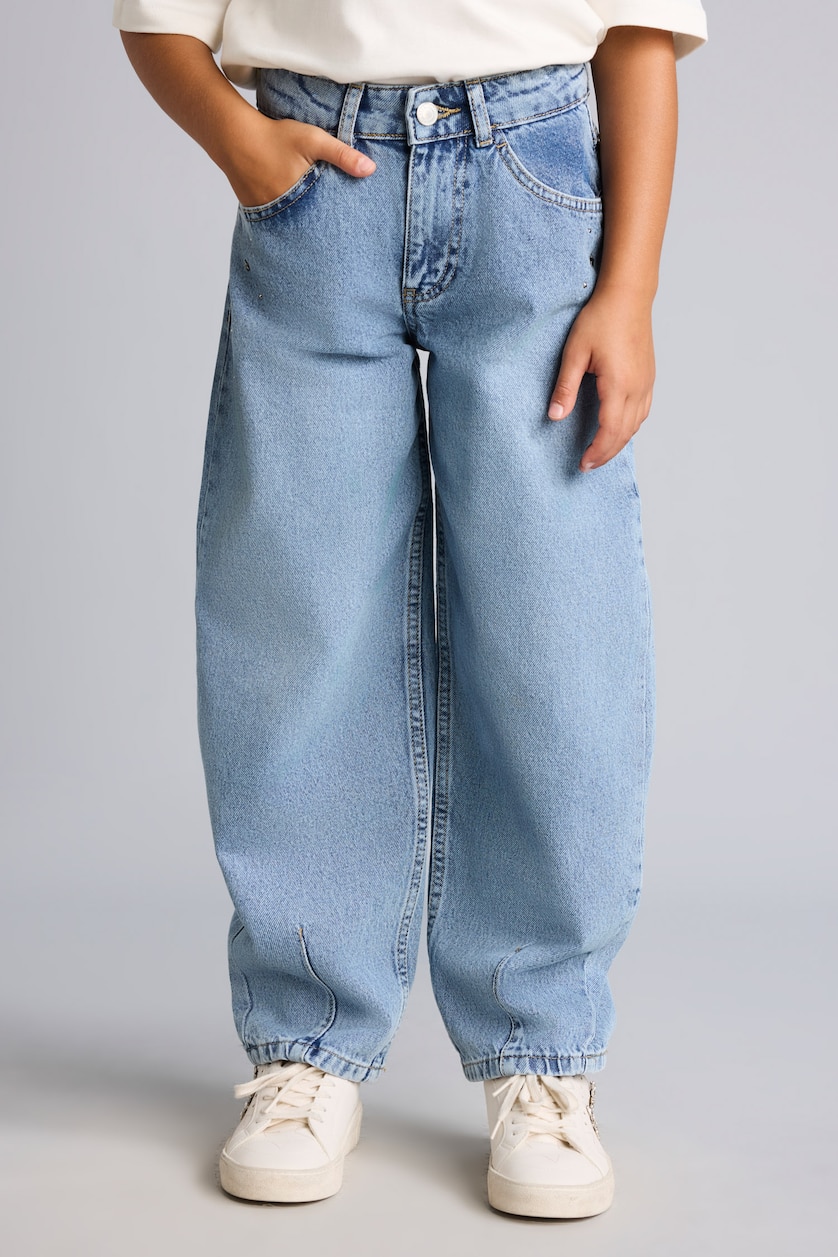 Kız Çocuk - Genç Kız Mavi Pens Detaylı Baggy Fit Jean Pantolon