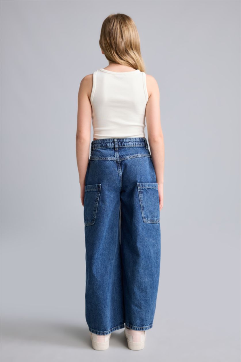 Kız Çocuk - Genç Kız Koyu Mavi %100 Pamuk Baggy Fit Jean Pantolon Kız Çocuk