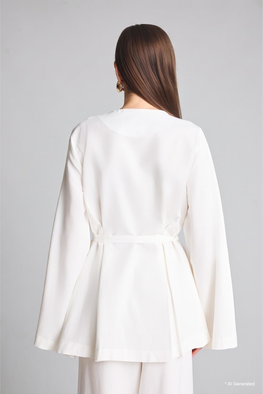 Women Ecru Regular Fit Ecru Linen Blend Long Sleeve Tunic