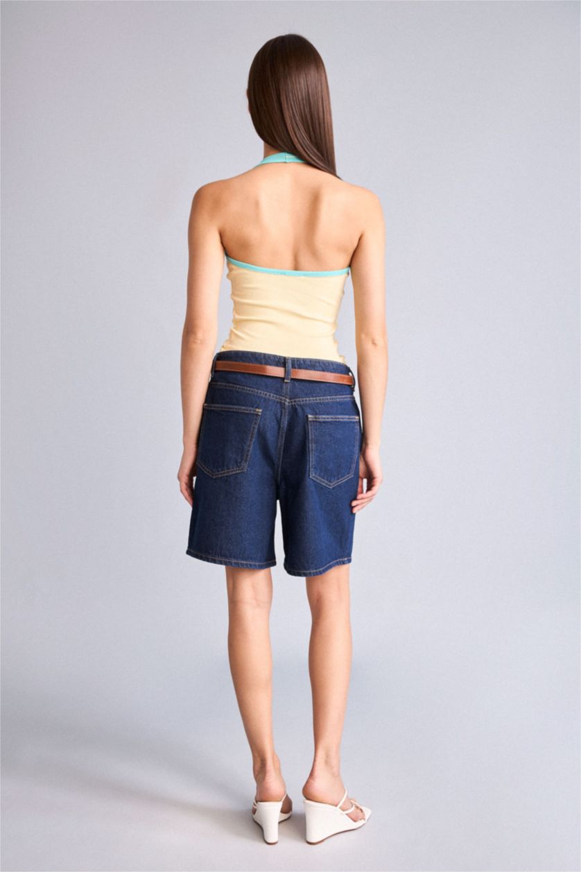 Women Light Yellow Printed Ribana Halter Collar Tank Top