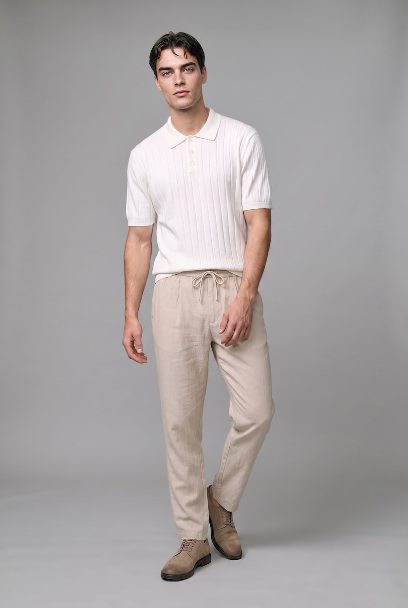 MAN Ecru Standard Fit Knitwear Short Sleeve Polo T-Shirt