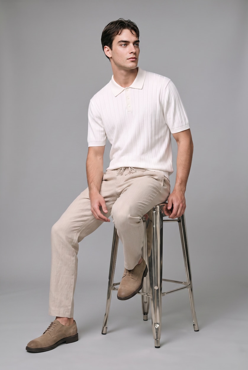 MAN Ecru Standard Fit Knitwear Short Sleeve Polo T-Shirt