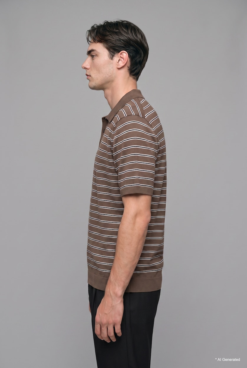 HOMME Marron T-shirt Polo en maille rayé à manches courtes Coupe standard