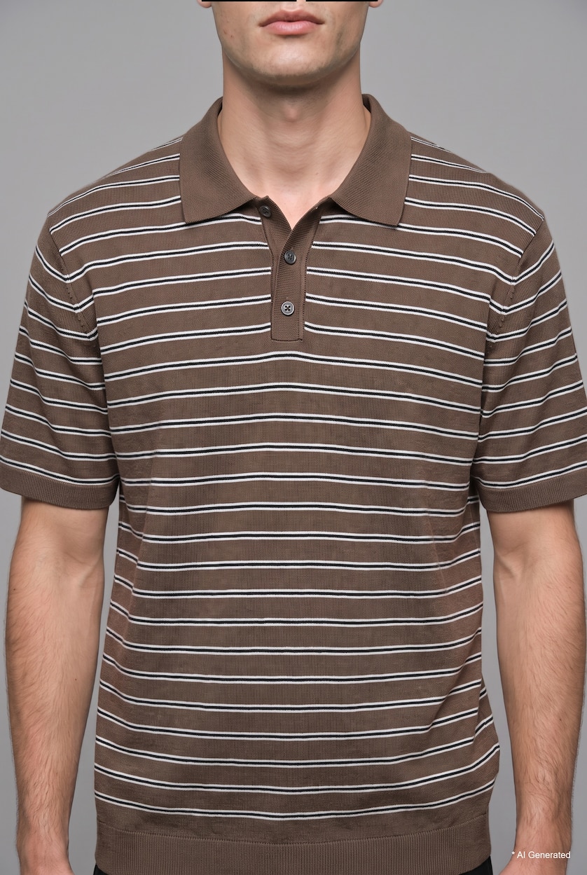 HOMME Marron T-shirt Polo en maille rayé à manches courtes Coupe standard