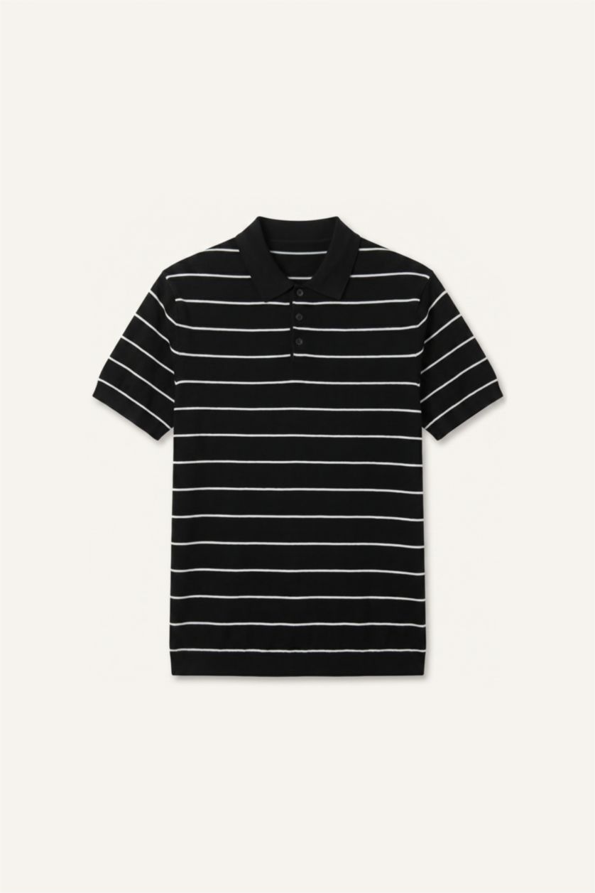 Erkek Siyah Standart Fit Çizgili Polo Tişört