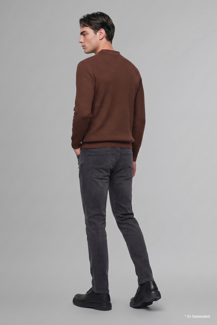 Erkek Kahve Standart Fit Polo Yaka Triko Basic Kazak