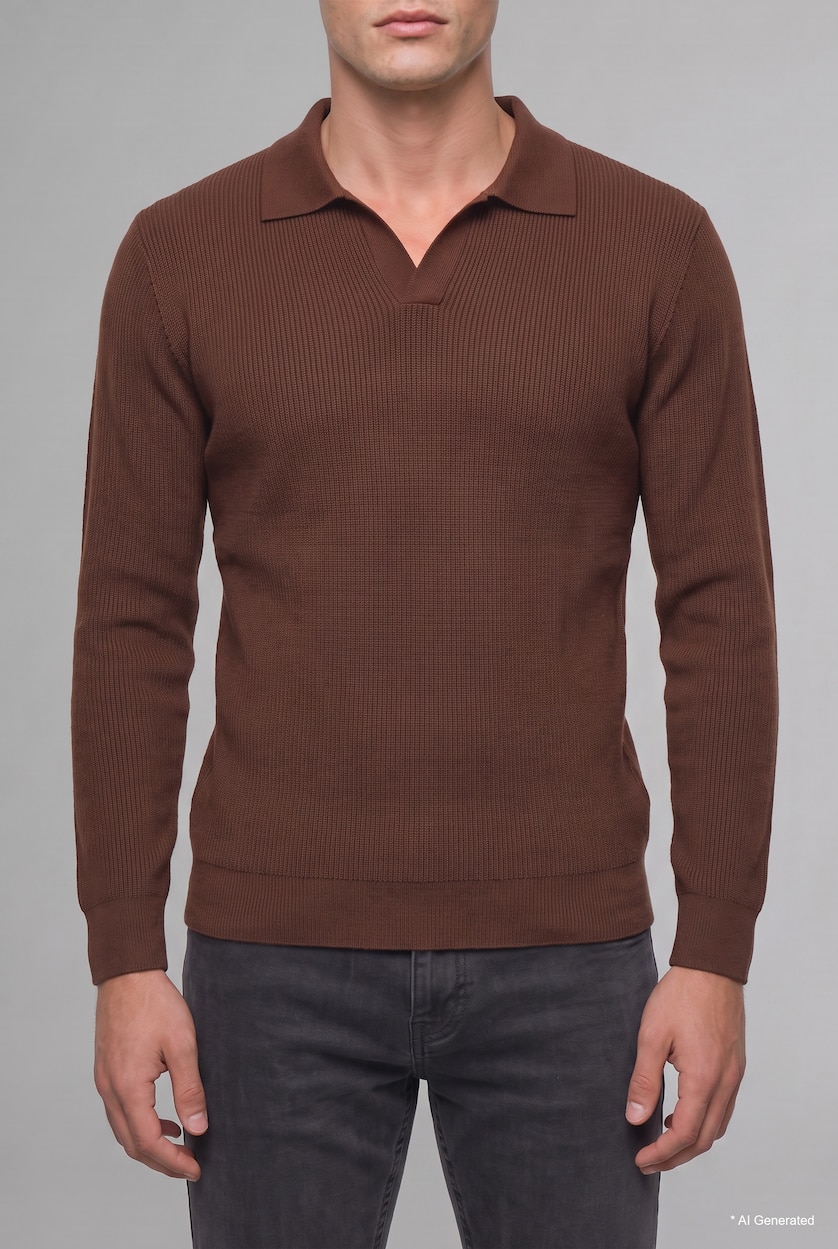 Erkek Kahve Standart Fit Polo Yaka Triko Basic Kazak