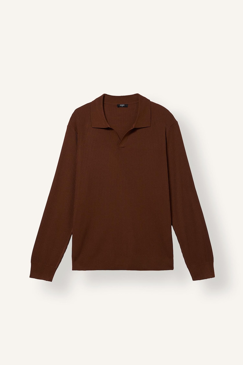 Erkek Kahve Standart Fit Polo Yaka Triko Basic Kazak