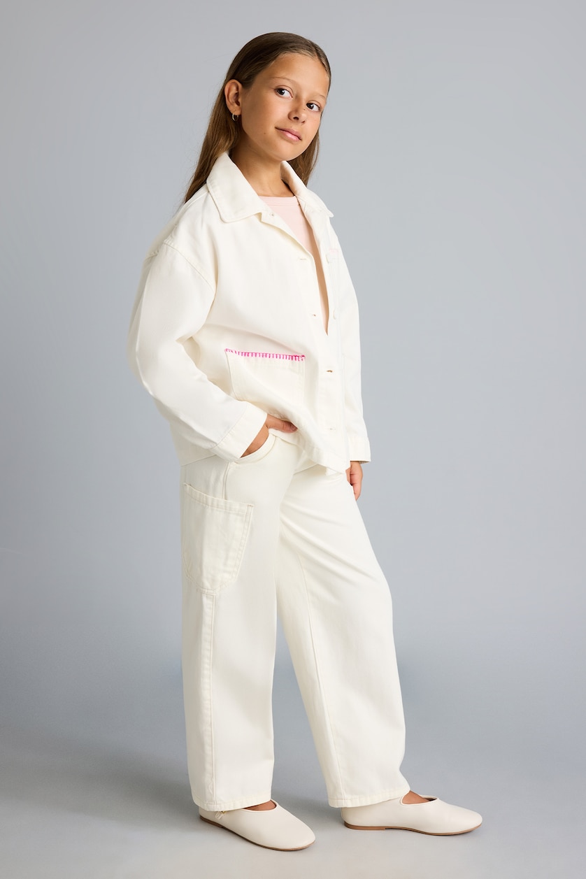 Girls & Teens Ecru Girl Barrel Fit Elastic Waist Gabardine Trousers