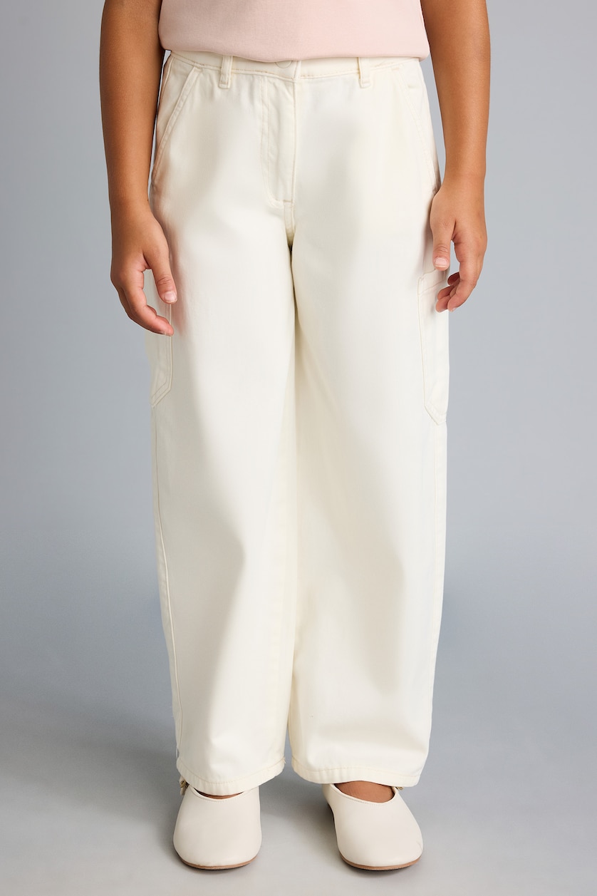 Girls & Teens Ecru Girl Barrel Fit Elastic Waist Gabardine Trousers
