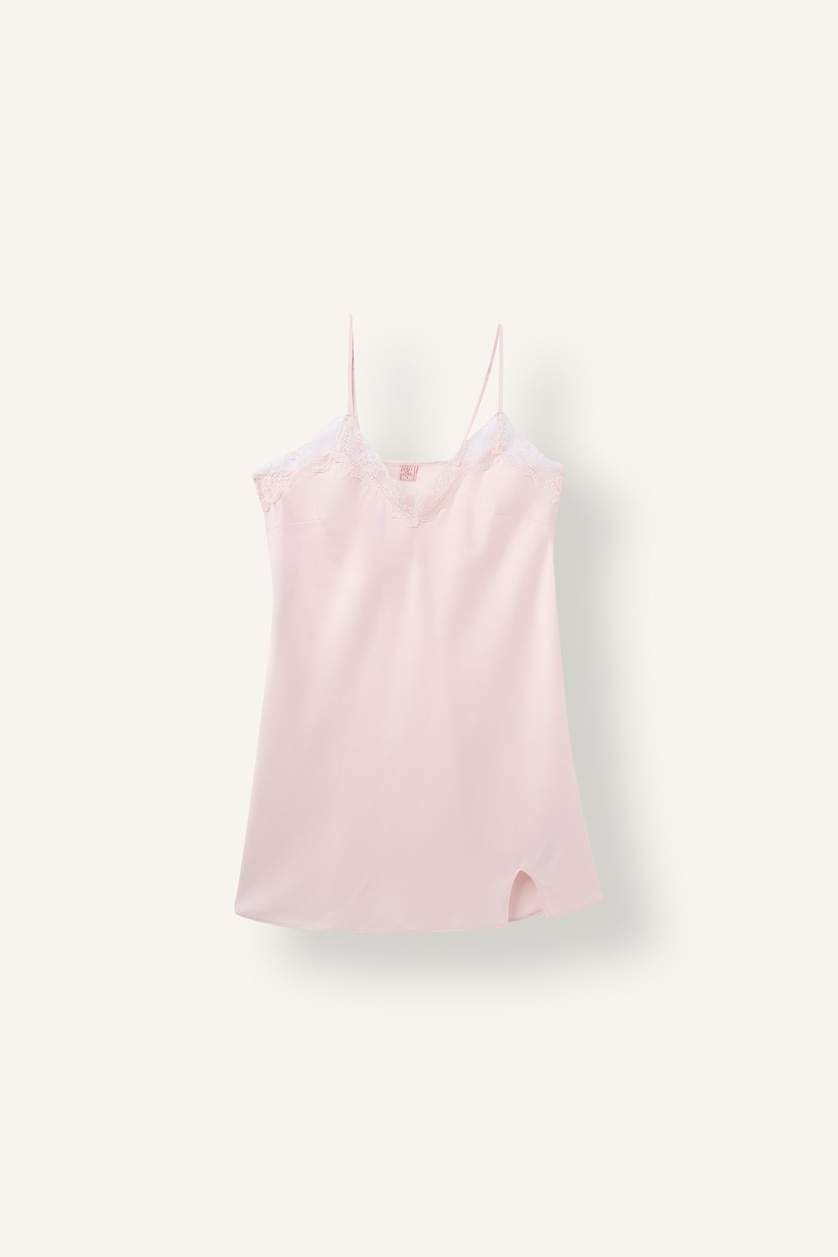 Kadın Açık Pembe Regular Fit Dantelli Askılı Saten Elbise